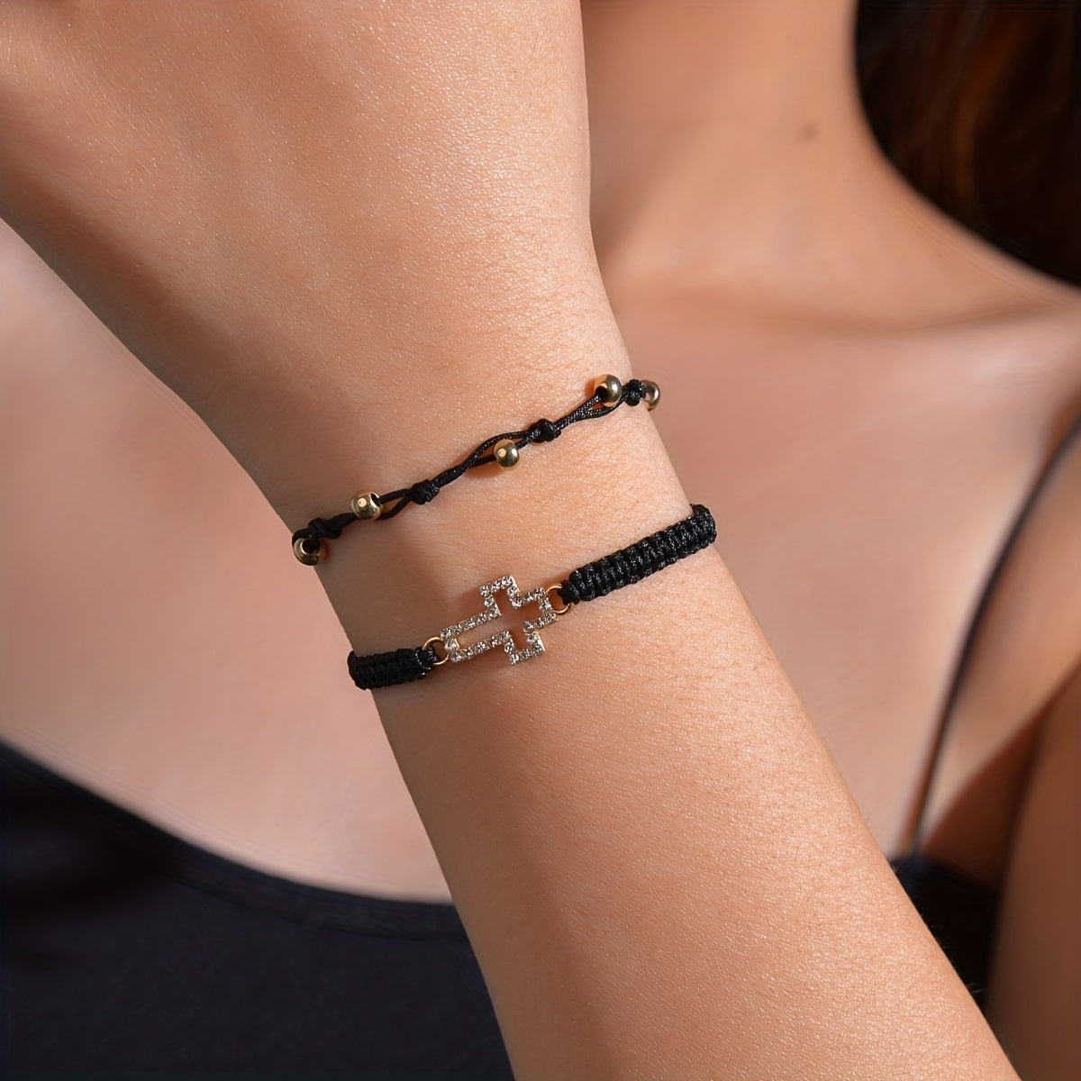 Vintage Braided Alloy Cross Beaded Waterproof Wax Rope Bracelet For Women