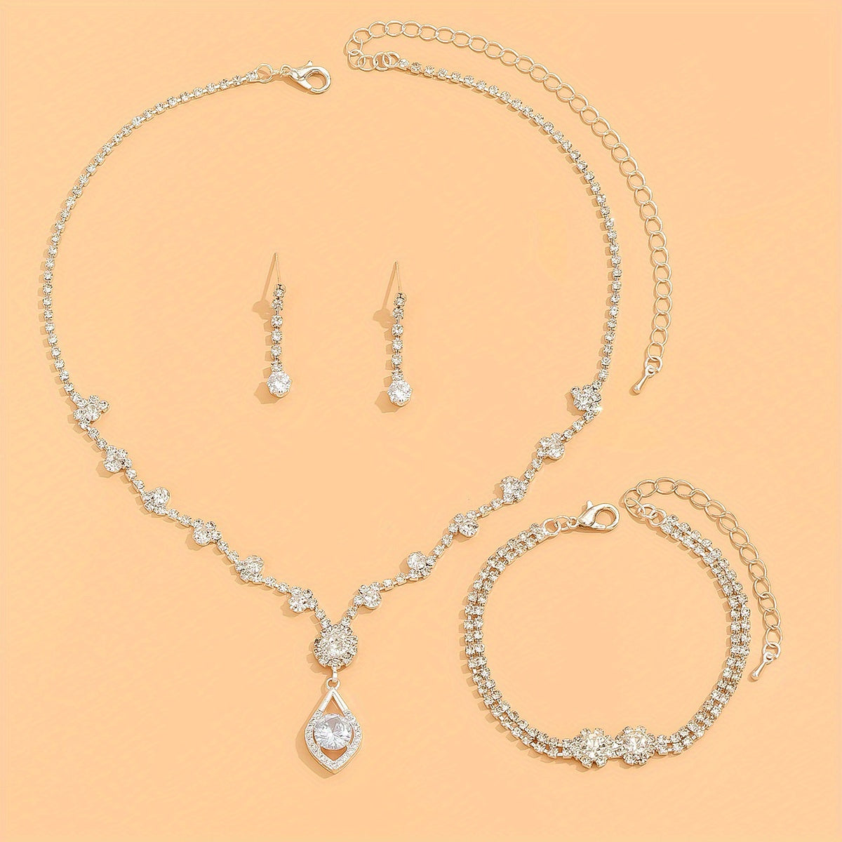 4pcs Earrings Necklace Plus Bracelet Elegant Jewelry Set Silver Plated Inlaid Rhinestone Dainty Engagement Wedding Jewelry For Brides Evening Party Decor