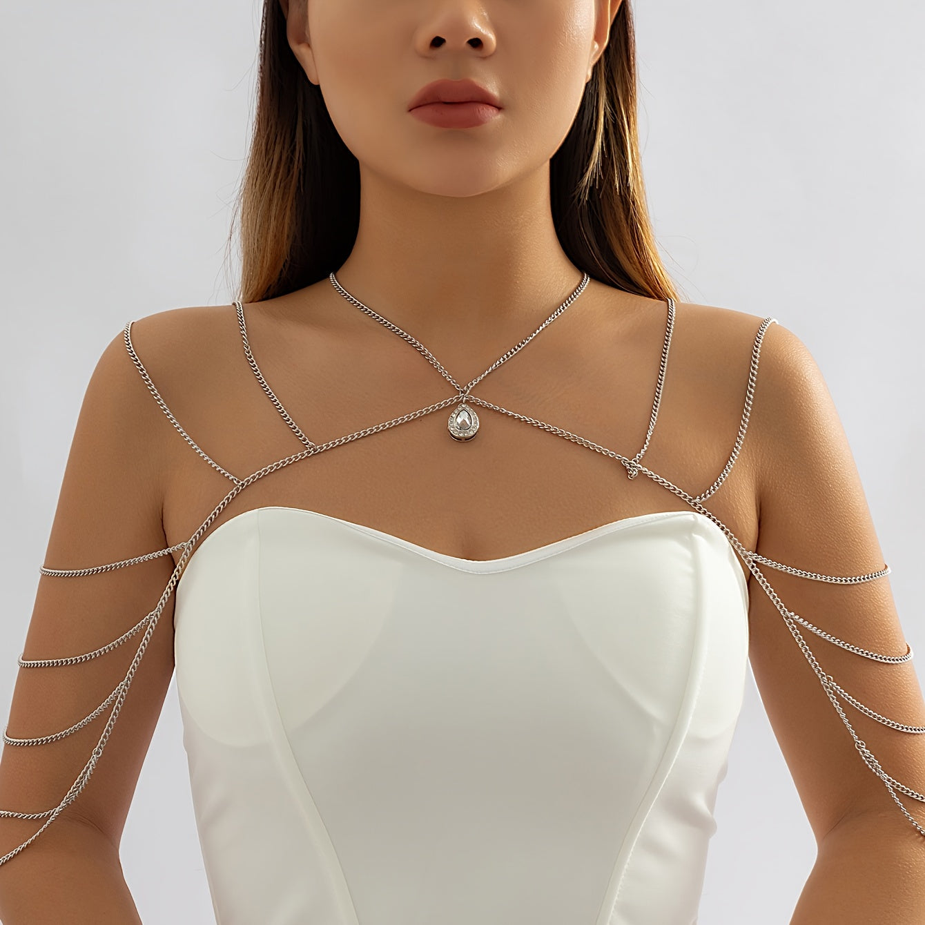 Glamorous Rhinestone Water Drop Layered Tassel Criss Cross Necklace Body Chain for the Holidays