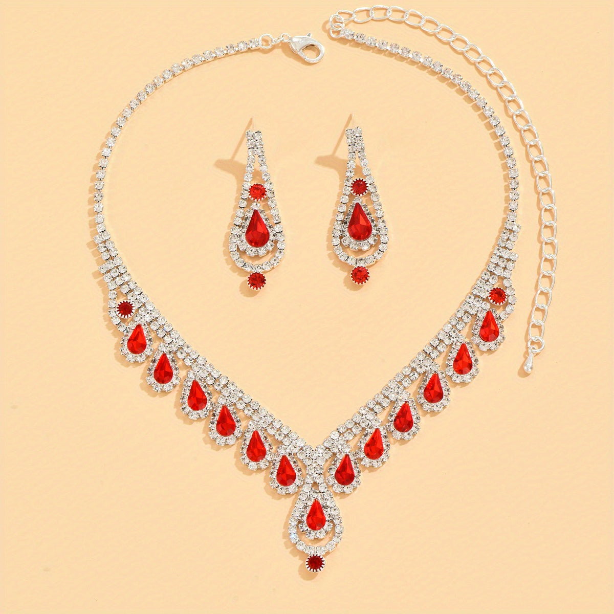 Elegant Jewelry Set with Shiny Synthetic Gems - Pendant Necklace and Drop Earrings