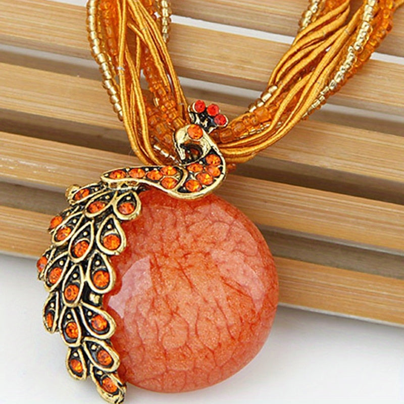 Bohemian Ethnic Style Retro Leaf Peacock Gemstone Pendant Necklace For Women Girls