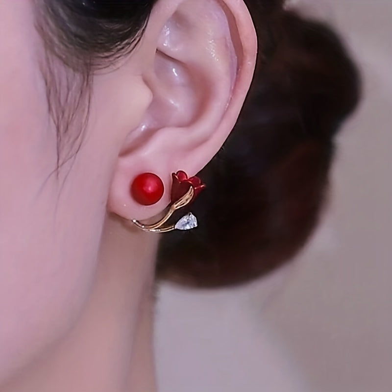 Celebrate New Year Festive with Style: Red Faux Pearl Tulip Flower Earrings for Women and Girls