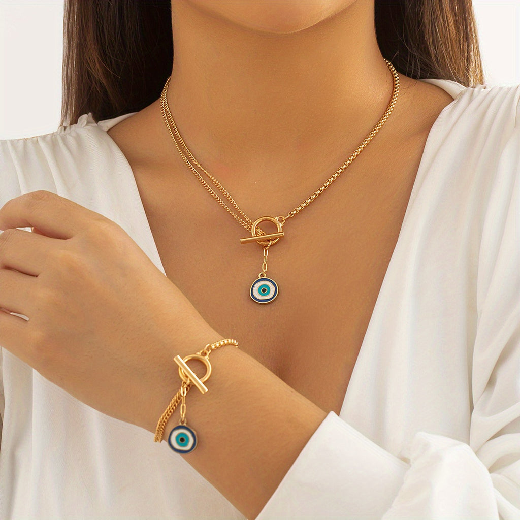 2pcs of Elegance: Women's O-Chain Metal Bracelet & Necklace Set