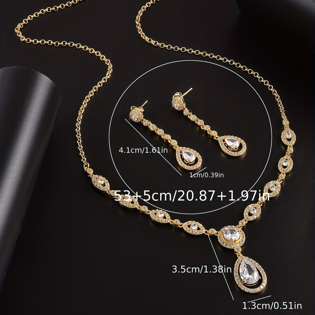 Elegant Water Drop Zircon Jewelry Set - 18K Gold Plated Earrings and Necklace for Women and Girls