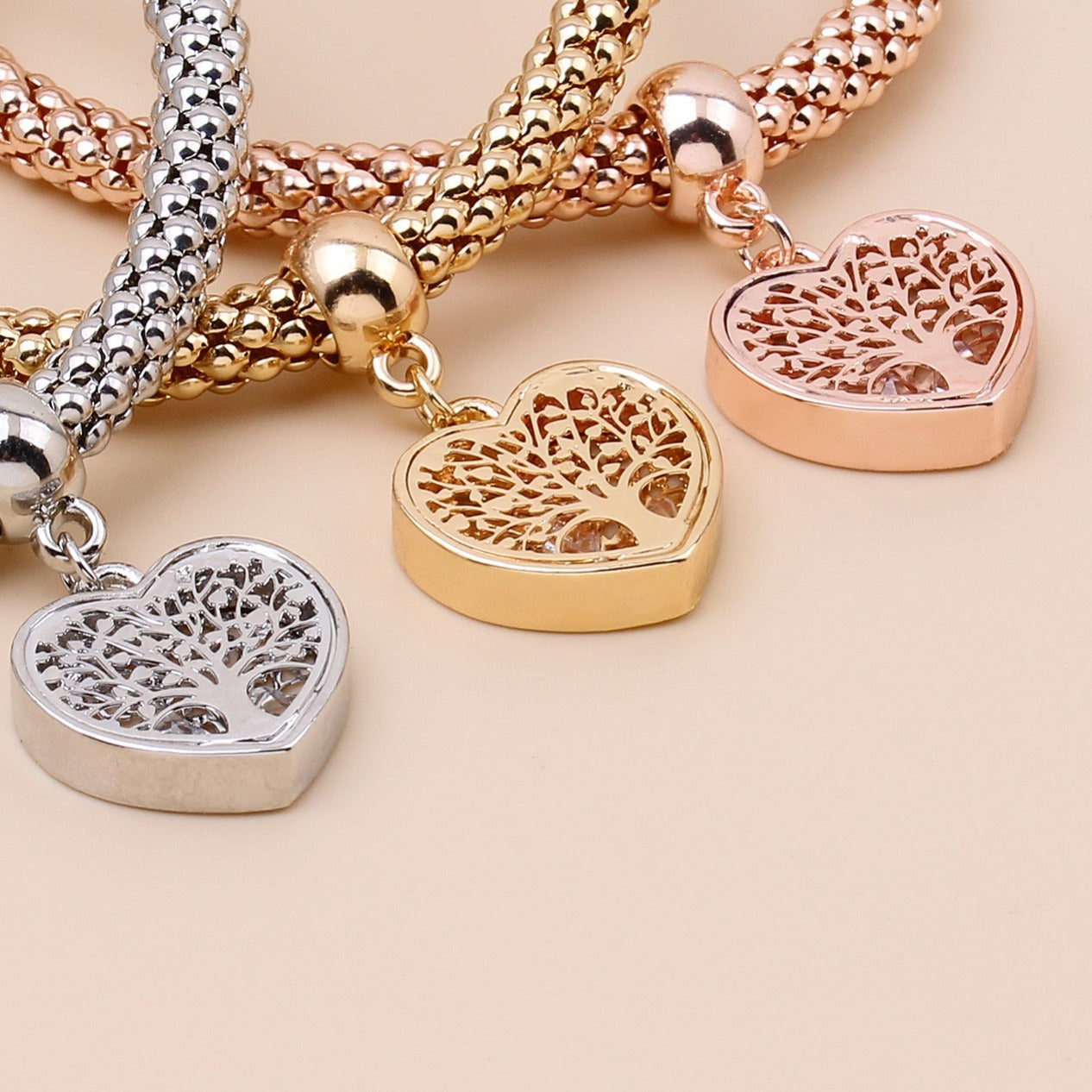 3pcs Multilayer Tree of Life Heart Bracelet for Women - Gold/Silver/Rose Gold Corn Chain Stretch Bracelet