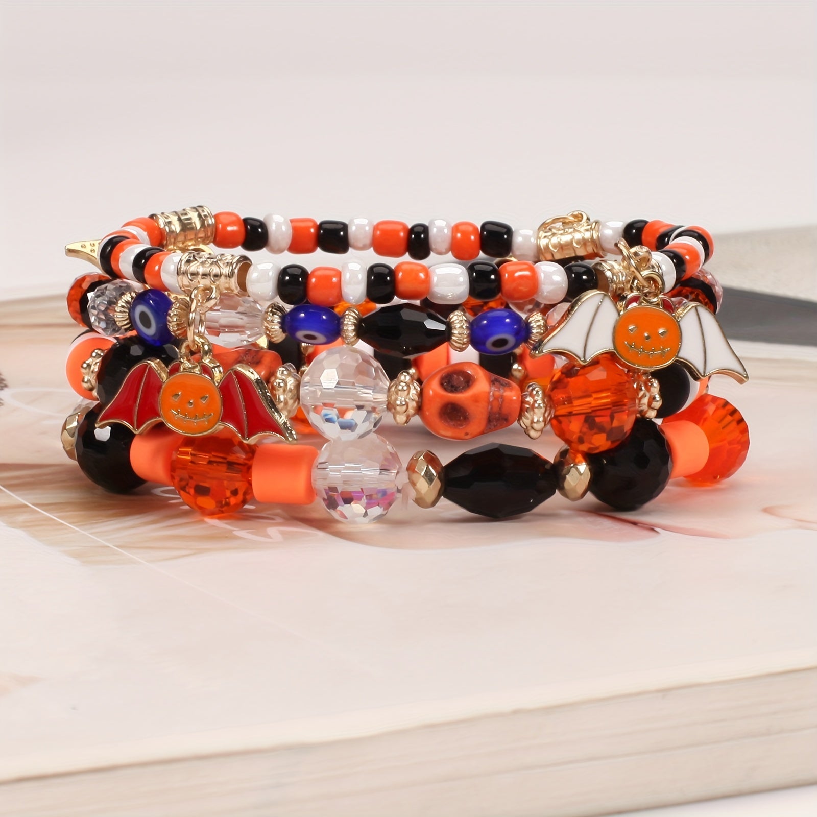 Halloween Bat Pumpkin Pendant Ladies Multilayer Beads Bracelet