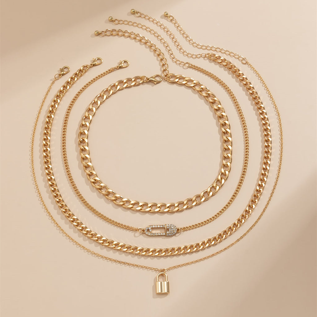 4pcs Women's Chain Necklace Set Pin And LockChoker For Women Unisex Necklace