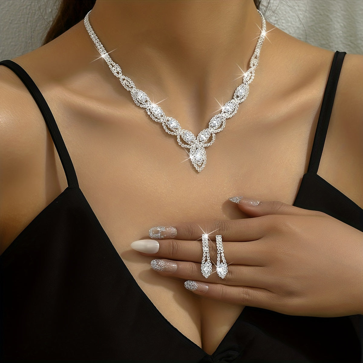 4pcs Earrings Necklace Plus Bracelet Elegant Jewelry Set Silver Plated Inlaid Rhinestone Engagement Wedding Jewelry For Female Dainty Birthday Gift For Your Girl
