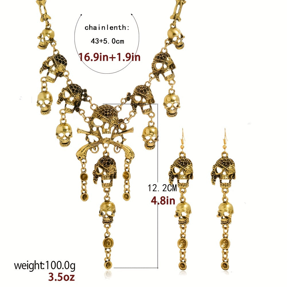 3pcs Earrings Plus Necklace Gothic Style Jewelry Set Vintage Skull Pendant Evening Party Decor Perfect Halloween Accessories For Female