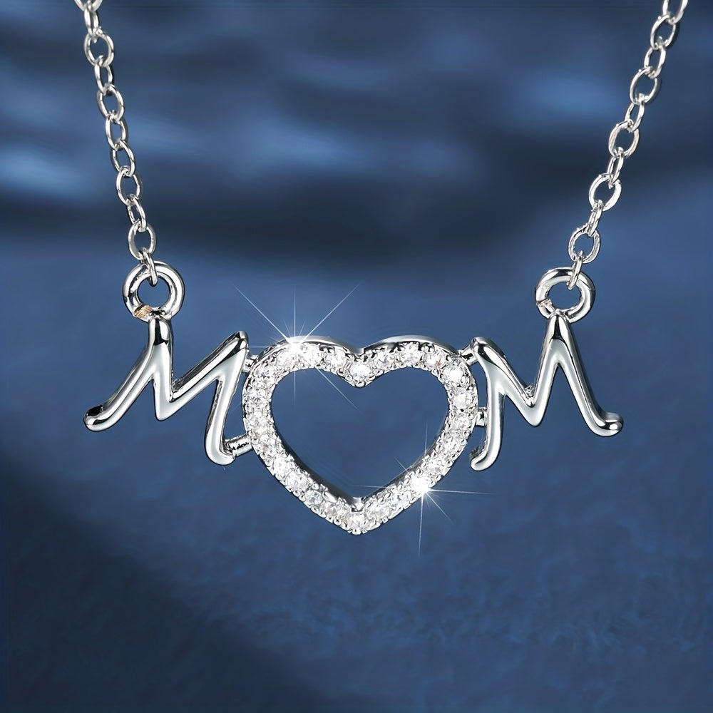 Simple Daily MOM Full White Zircon Heart Necklace Mother's Day Valentine's Day Birthday Gift