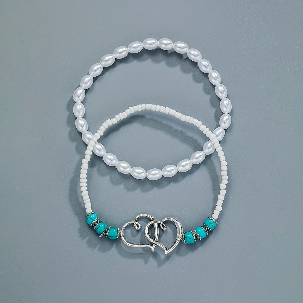 Double Hollow Out Love Heart Beaded Anklet Set With Faux Pearls Turquoise Beads Stackable Ankle Bracelet