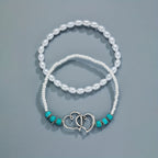 Double Hollow Out Love Heart Beaded Anklet Set With Faux Pearls Turquoise Beads Stackable Ankle Bracelet