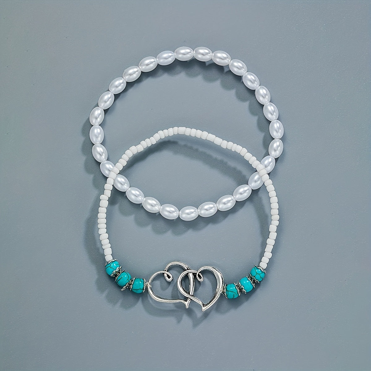 Double Hollow Out Love Heart Beaded Anklet Set With Faux Pearls Turquoise Beads Stackable Ankle Bracelet