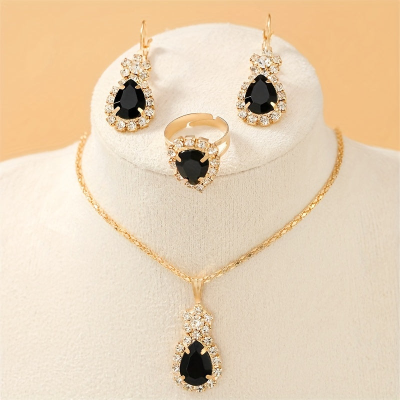 Elegant Water Drop Jewelry Set - Pendant Necklace, Drop Hook Earrings, and Ring with Sparkling Cubic Zirconia Stones - Perfect Wedding Accessories and Gift