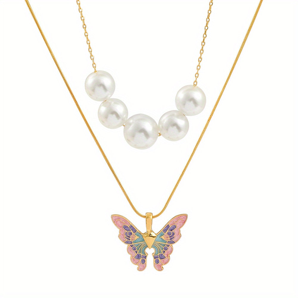 Faux Pearl & Butterfly Charm Layered Necklace For Girls Decorative Accessories Holiday Birthday Graduation Anniversary Party Gift For Girls