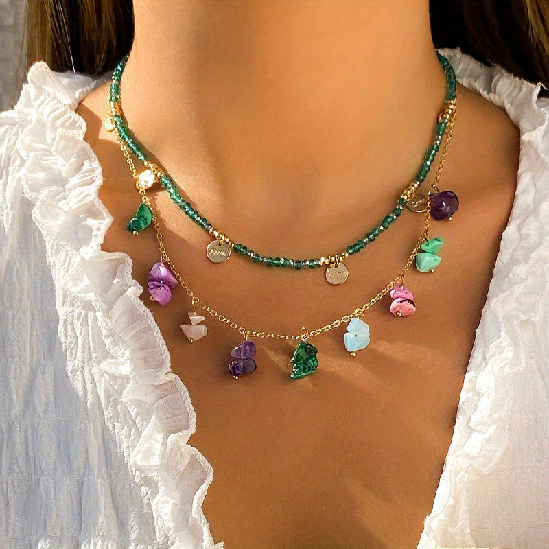 Gorgeous Colorful Crushed Stone Turquoise Sequin Pendant Crystal Beaded Vintage Necklaces - 2pcs