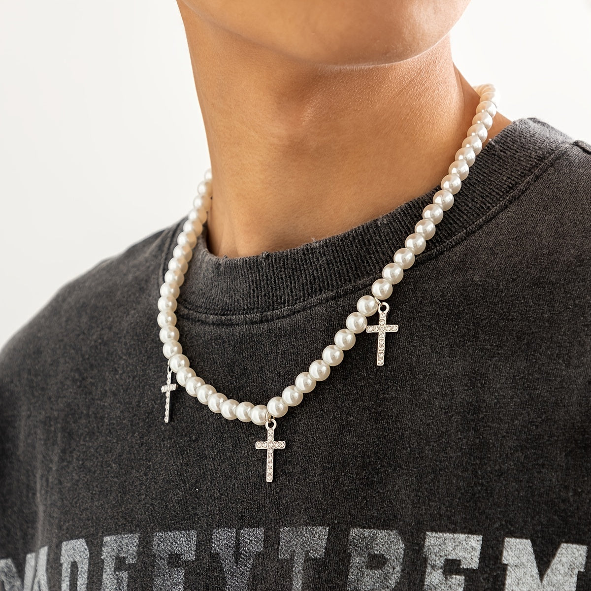 1pc Vintage Temperament Diamond Cross Pendant Beaded Pearl Necklace