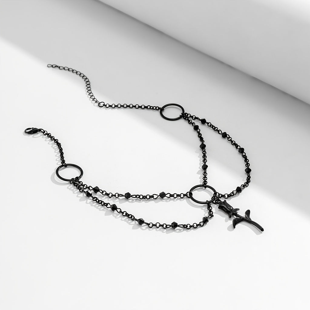 Gorgeous Vintage Black Rose Flower Pendant Bead Chain Tassel Choker Bracelet - Simple Gothic Style