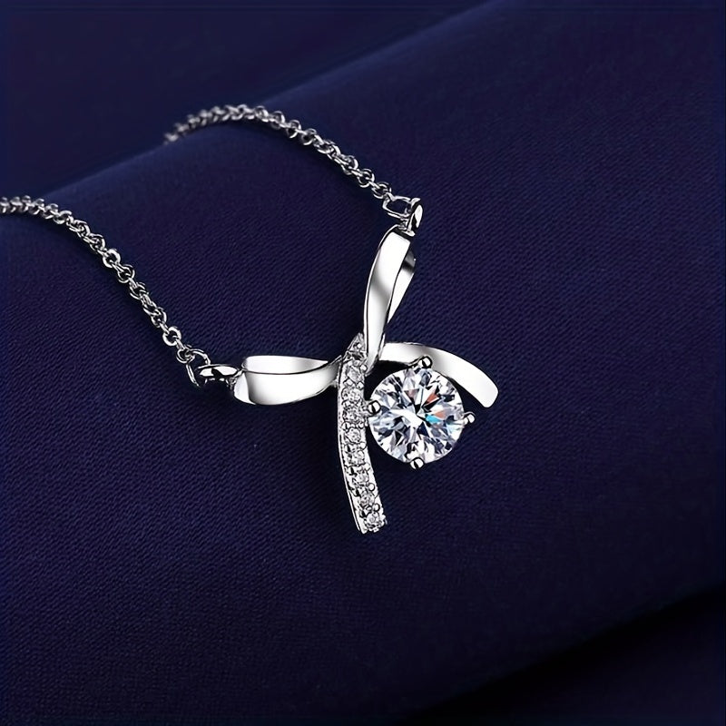 Stunning 0.5 Carat Round D Color VVS Moissanite Necklace - Elegant Bow Design - Silver 925 Plated - Perfect Pendant for Men - Sparkling Stone with Unmatched Brilliance