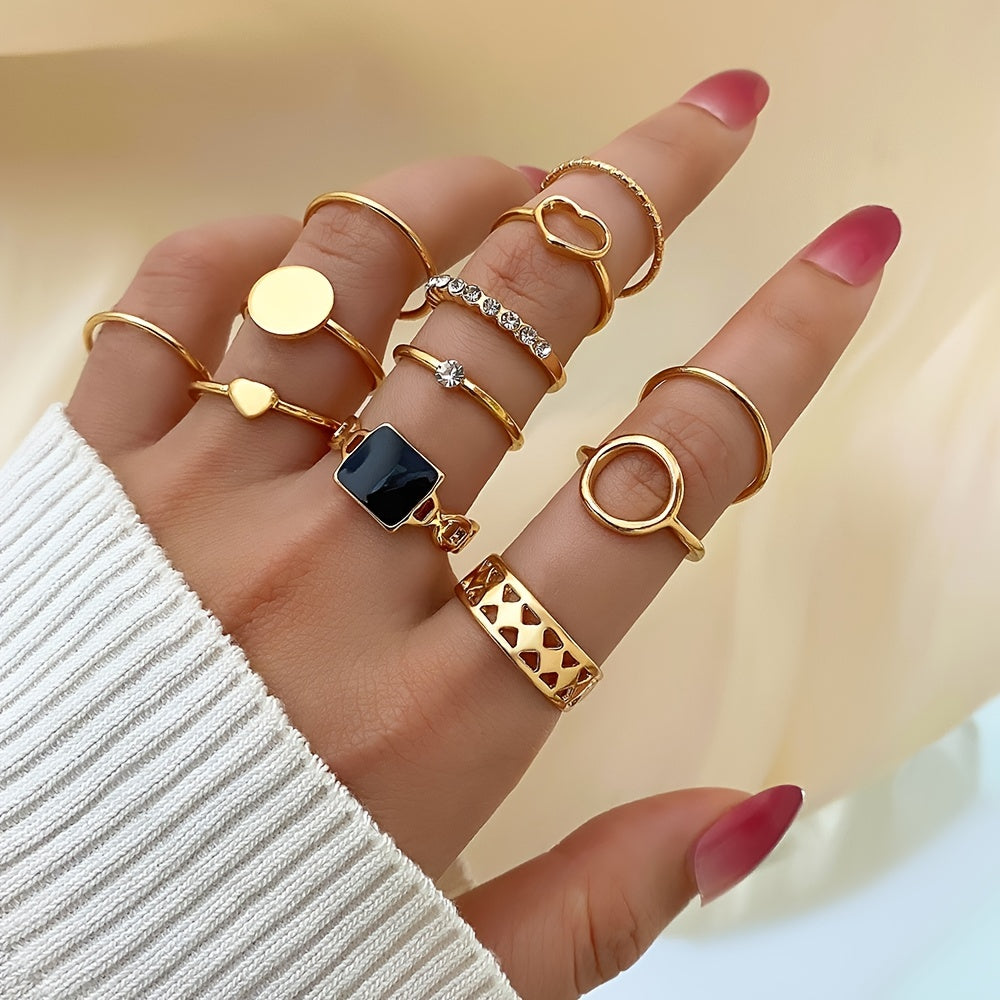 Shine Bright with 12pcs Personality Golden Hollow Love Geometric Circle Rhinestone Joint Ring Set for Women and Girls - Perfect Party Favors and Birthday Gift