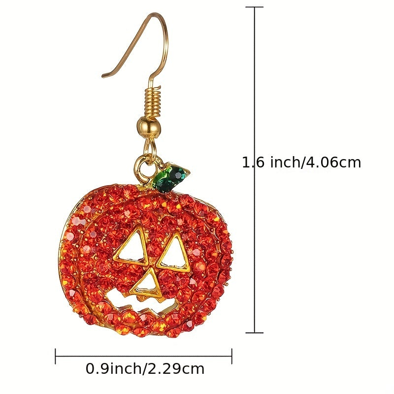 Halloween Pumpkin Design With Orange Shiny Rhinestone Decor Dangle Earrings Retro Simple Style Zinc Alloy Jewelry Female Gift