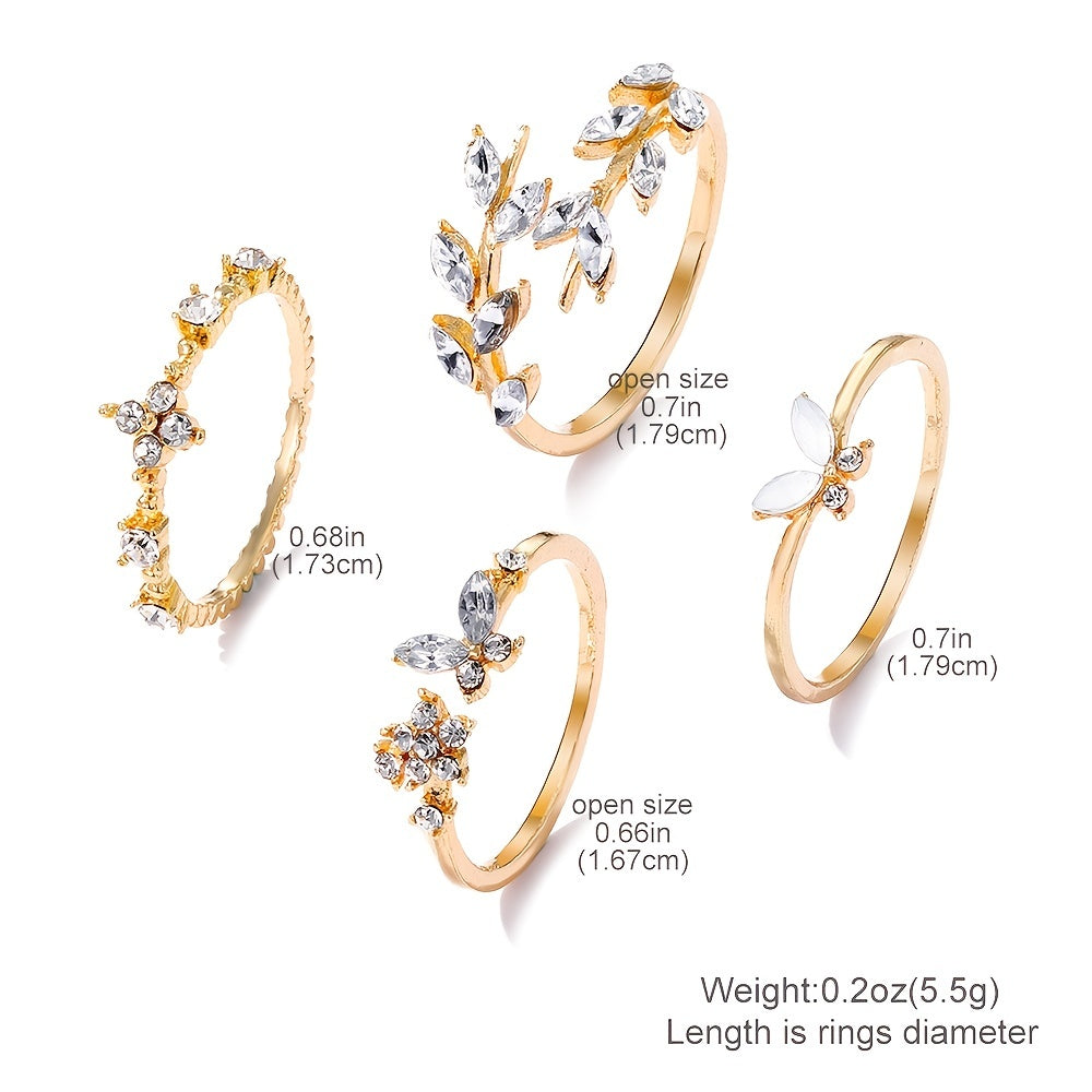 Surprise Your Valentine with 4pcs Sparkling Rhinestone Leaf and Butterfly Open Ring Set
