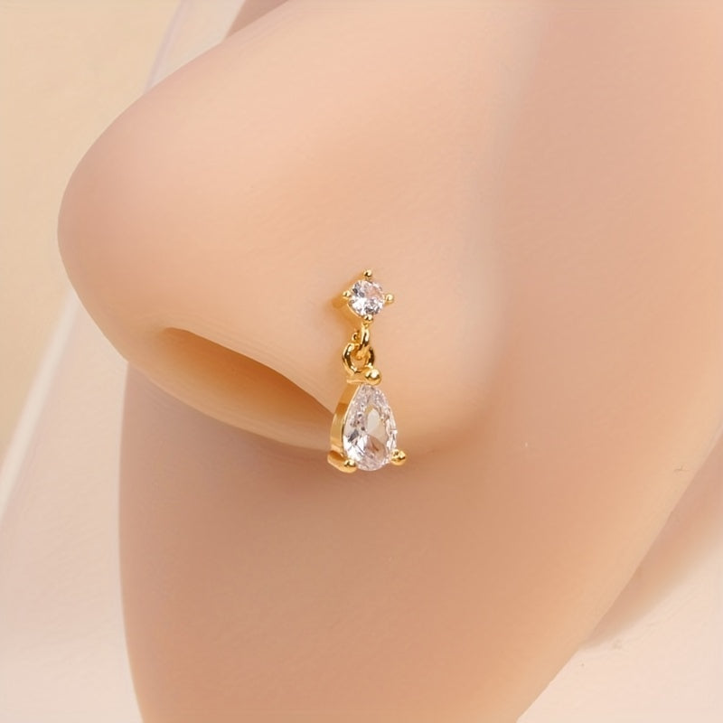 Simple Style Water Drop Shape Pendant Nose Nail Inlaid Shiny Zircon L-Shaped Ear Cartilage Piercing Body Jewelry Nose Ring