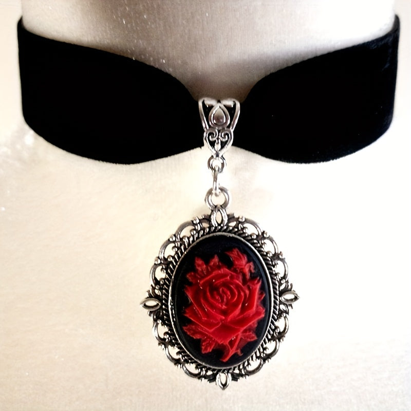 Gothic Style Black Velvet Choker With Teardrop Shape Red Crystal Pendant, Women's Personality Neck Jewelry