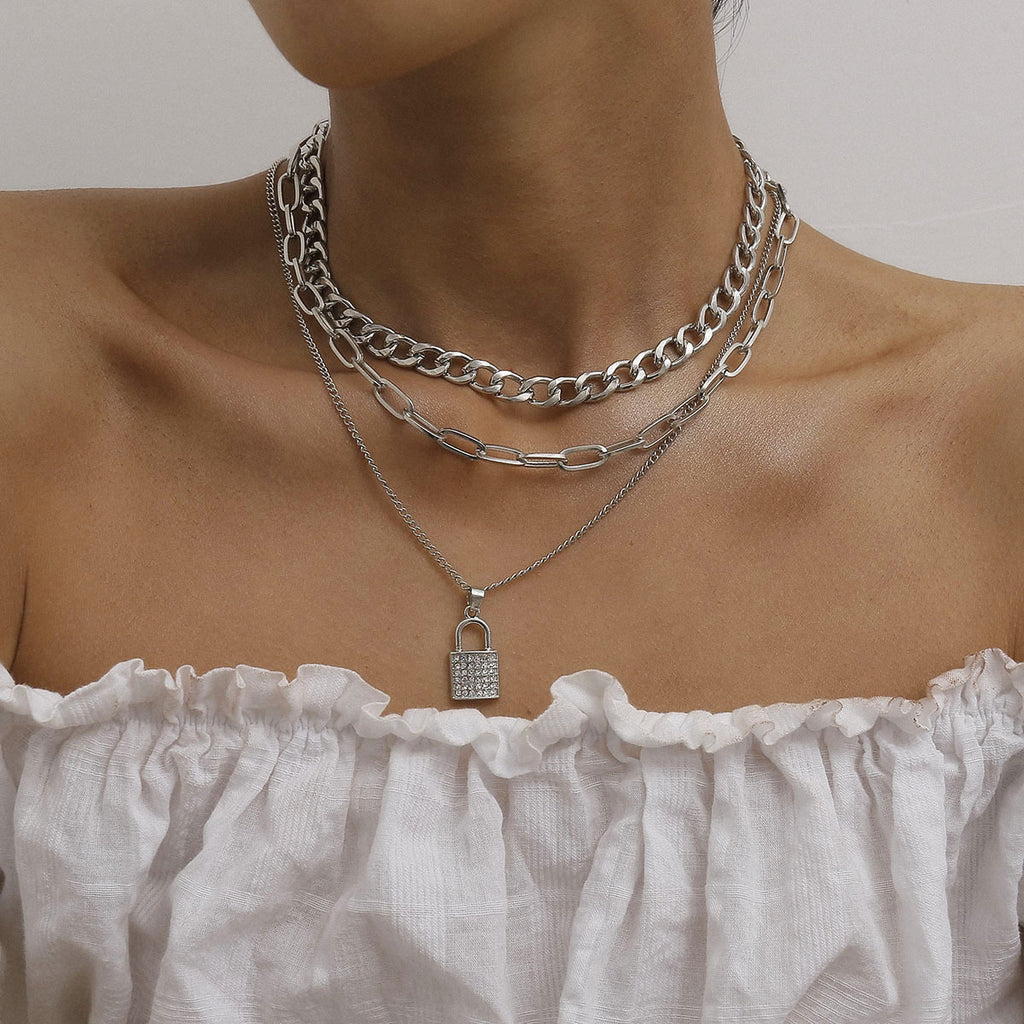 Gorgeous Women's Metal Chain Rhinestone Lock Pendant Chain Necklace Set - Birthstone Bling!
