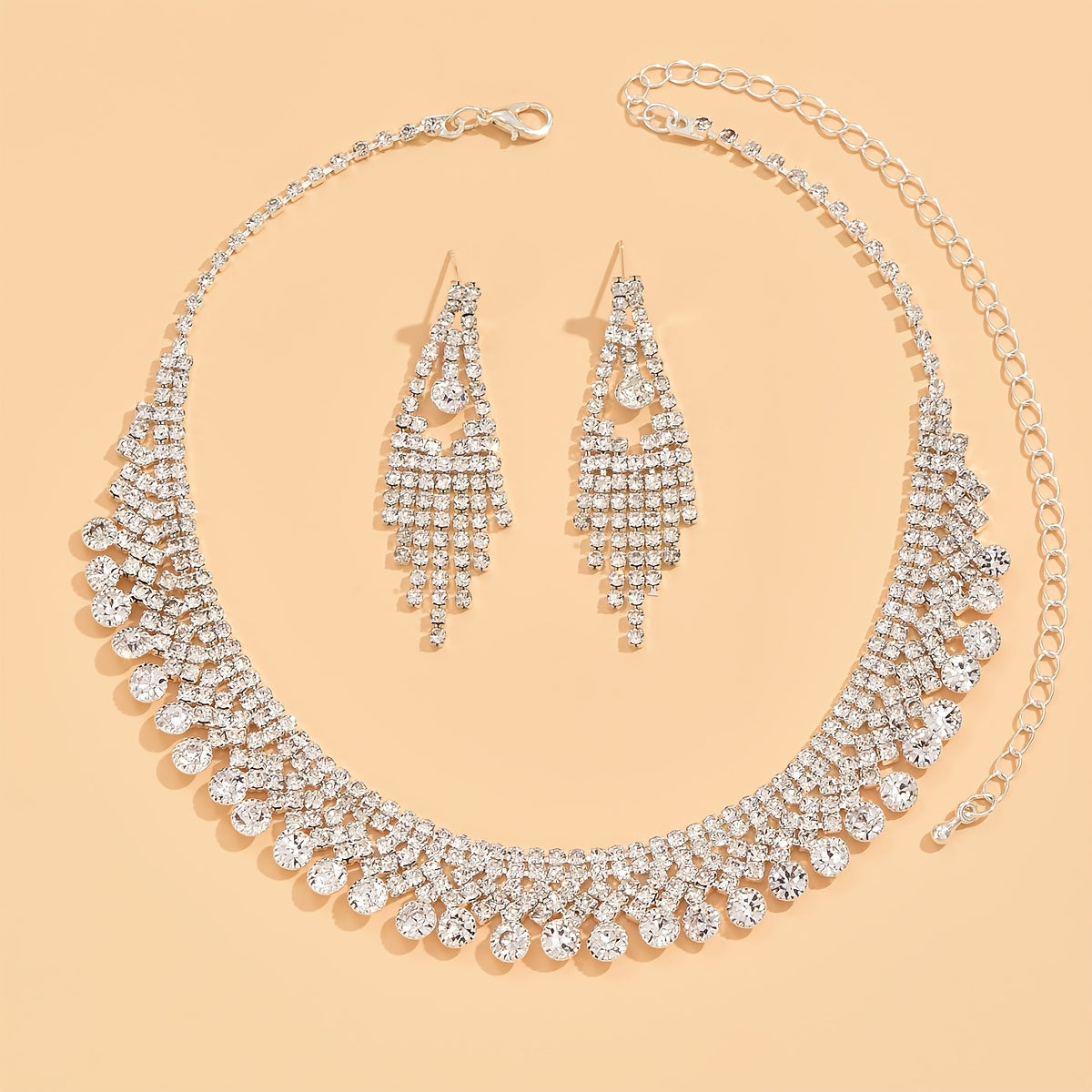2pcs/set Elegant Crystal Stone Tassel Jewelry Set - Silver Plated Earrings and Necklace