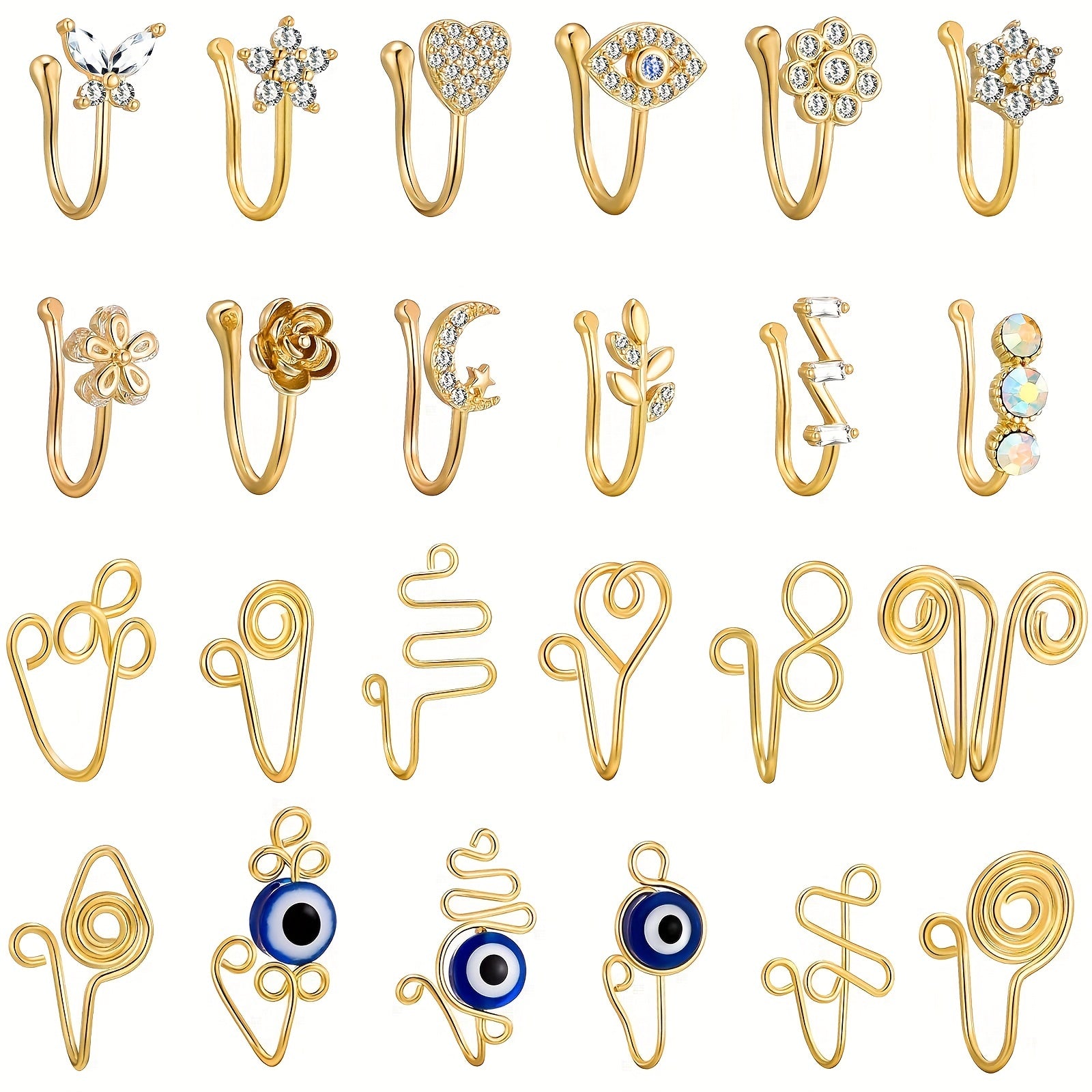 3/8pcs Simple Style Clip On Nose Ring Set Inlaid Shiny Zircon Fake Piercing Body Jewelry