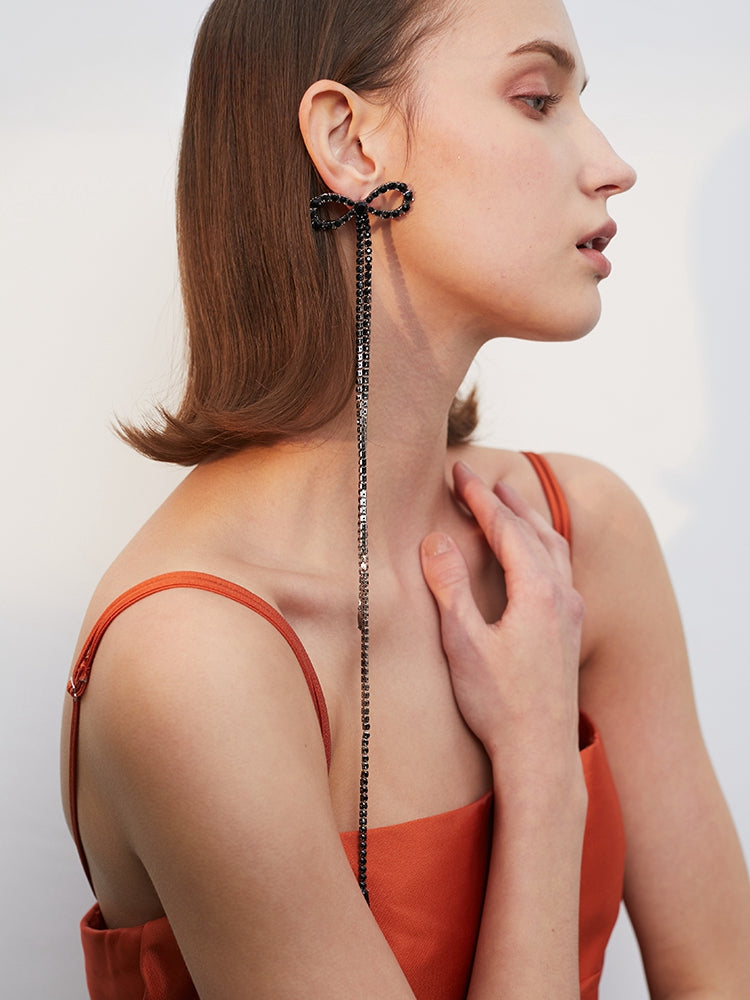 FN Bow Black Fringed Long Earring LOJS120