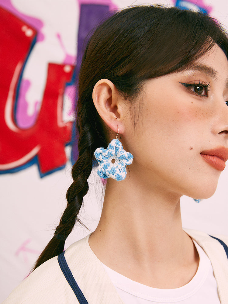 LB Hand Crochet Sweet "Bubble Flower" Earrings Beach Ear Clip LOJL96