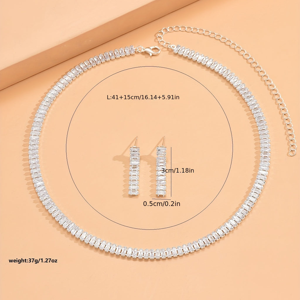 3pcs Earrings Plus Necklace Trendy Jewelry Set Inlaid Rectangular Zircon Silver Plated Dainty Party Accessory Classic Design Match Daily Outfits