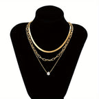 3pcs/Set Vintage Inlaid Zircon Love Triangle Pendant Flat Snake Copper Chain Multi-piece Necklace