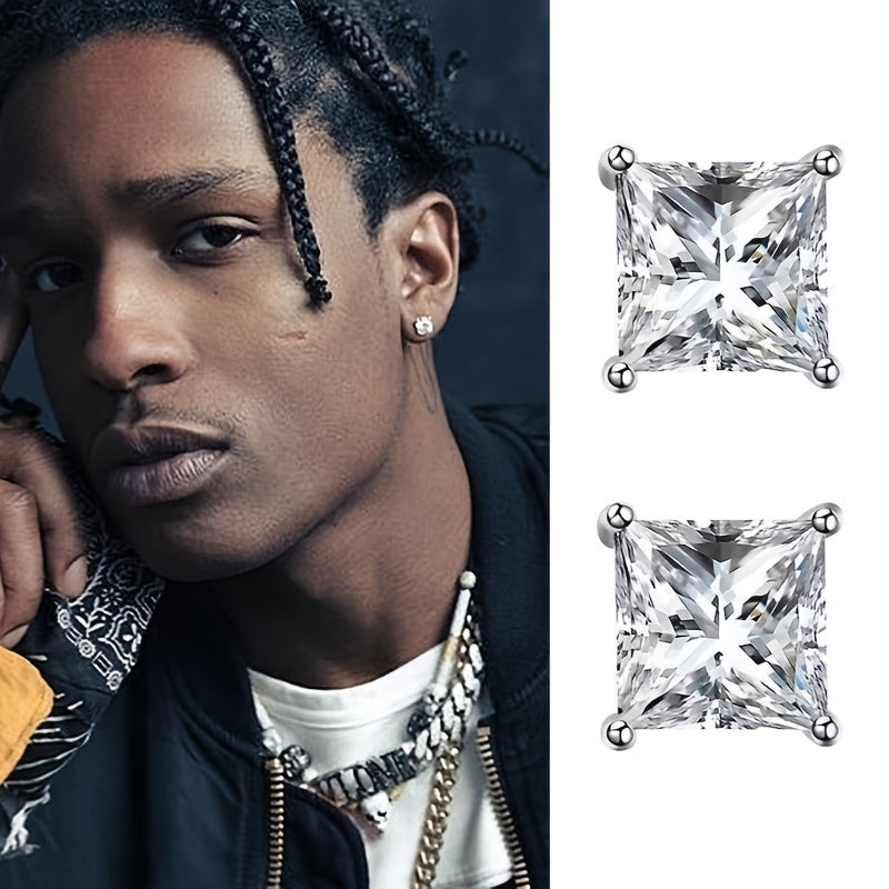 D Color VVS Moissanite Square Stud Earrings - Lab Created Diamond, Hypoallergenic Zircon, Men's Hip-Hop Jewelry