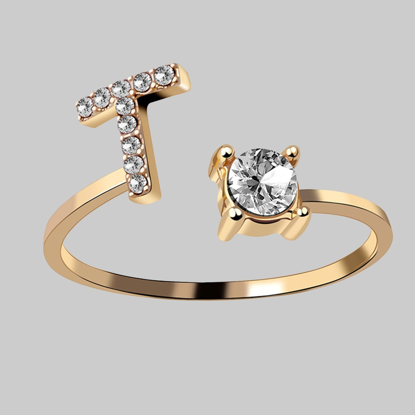 Shine Bright with Our Golden Zircon and Rhinestone Studded 26 Letters Open Adjustable Ring - Perfect Gift for Women