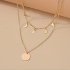 Golden Alloy Round Pendant Double Layer Star & Moon Women's Alloy Necklace