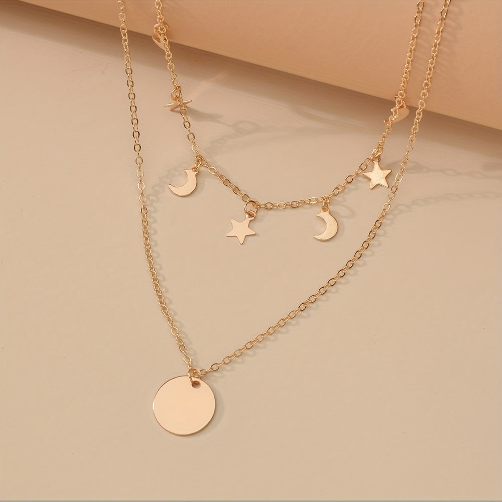 Golden Alloy Round Pendant Double Layer Star & Moon Women's Alloy Necklace