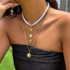 4pcs/Set Retro Exaggerated Soft Pottery Pendant Sunflower Starfish Multilayer Stacking Necklace