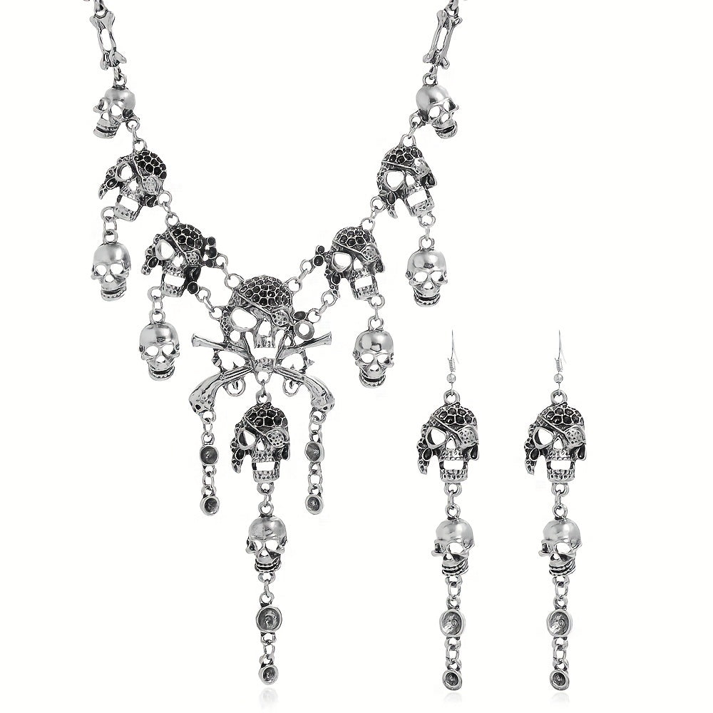 3pcs Earrings Plus Necklace Gothic Style Jewelry Set Vintage Skull Pendant Evening Party Decor Perfect Halloween Accessories For Female