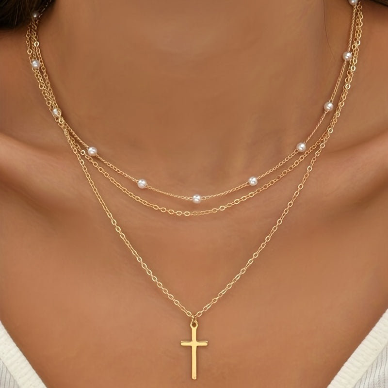 Delicate Faux Pearl Chain Cross Pendant Necklace Multi-style Neck Jewelry Accessories Gift