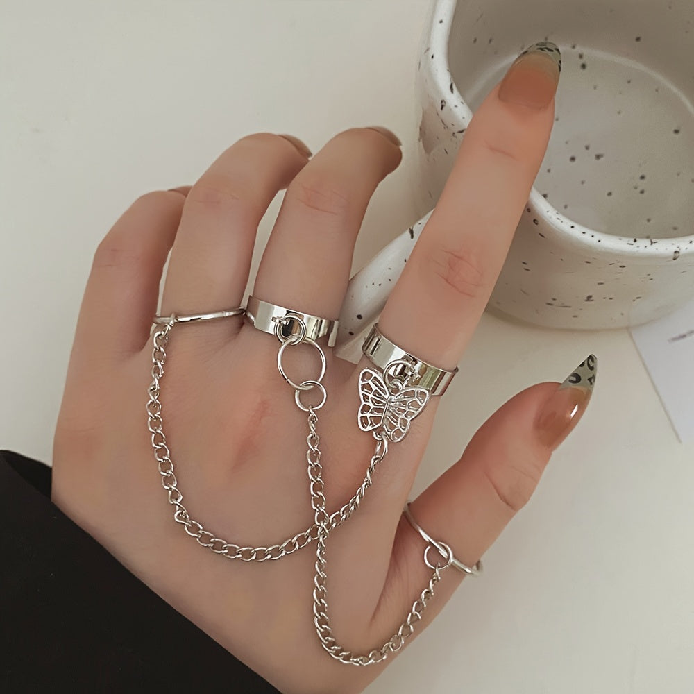 Get ready to rock the Gothic look with our 2pcs Punk Vintage Butterfly Ring Chain Open Ring Set - perfect for women who love unique and edgy jewelry!