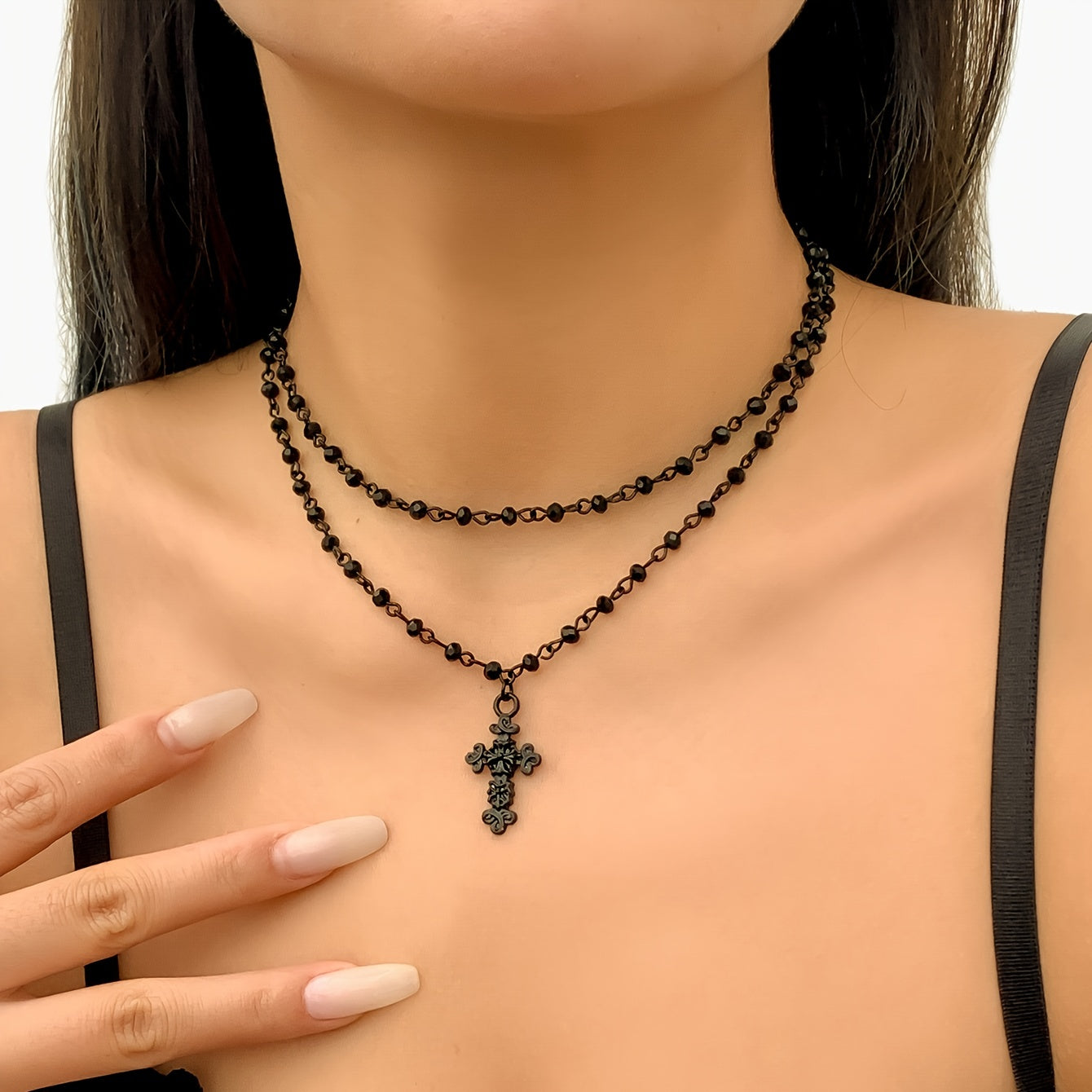 2-Piece Punk Style Beaded Chain Necklace with Cross Pendant - Adjustable Clavicle Chain Set