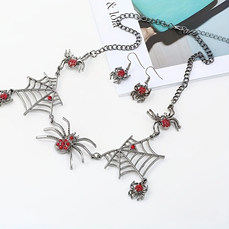 3pcs Earrings Plus Necklace Gothic Style Jewelry Set Horror Spider Design Inlaid Rhinestone Perfect Halloween Decor For Female