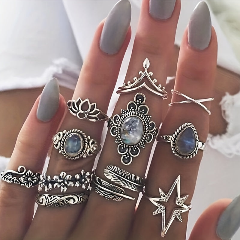 Complete Your Boho Look with our Vintage Carved Starry Gemstone 11pcs Combo Set Rings for Women and Girls - Available in Different Sizes!