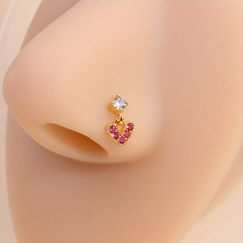 Simple Style Love Heart Shape Pendant Nose Nail Inlaid Shiny Pink Zircon L-Shaped Ear Cartilage Piercing Body Jewelry Nose Ring