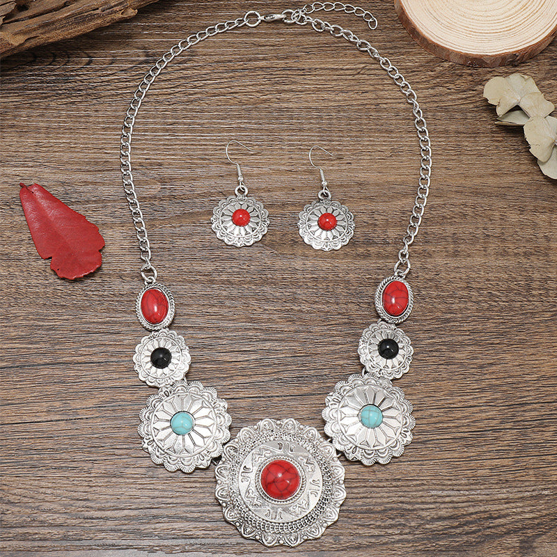 Vintage Native Green Flower Embedded Resin Necklace Earrings Set - Perfect for Summer!