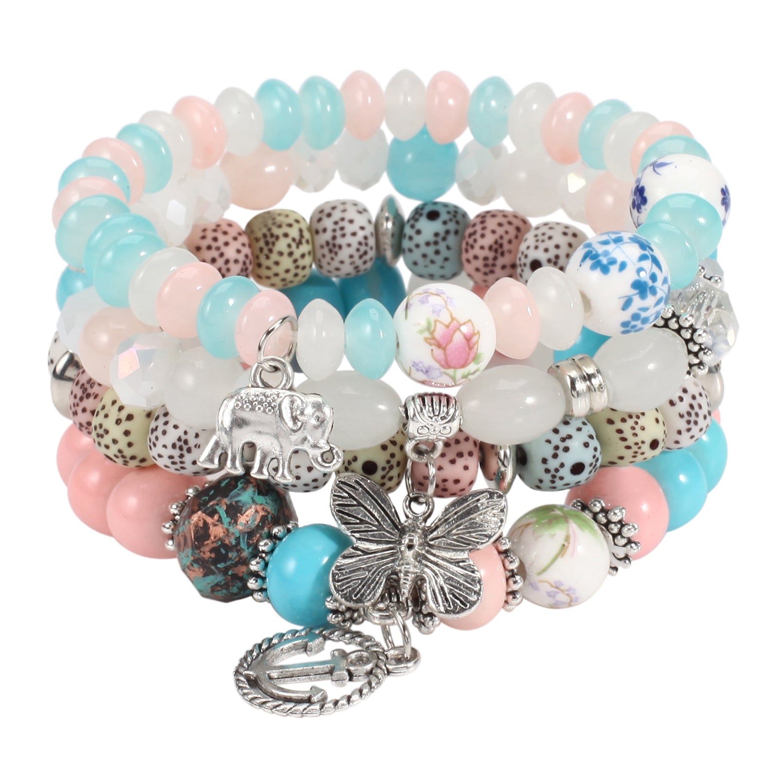Bohemian Layered Beaded Bracelet with Elephant, Anchor, and Butterfly Pendants