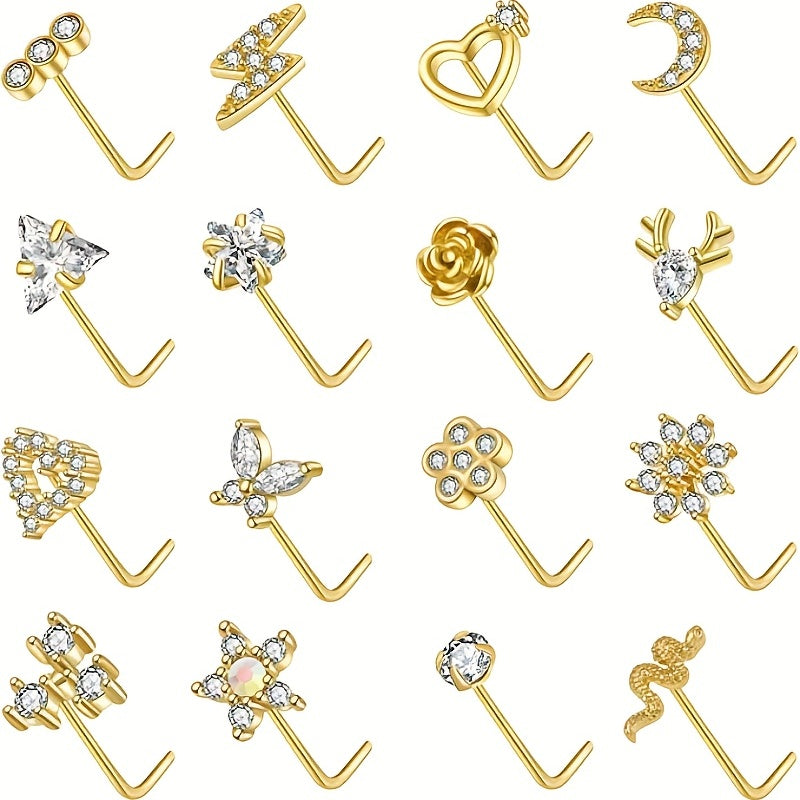 Add a touch of elegance to your nose piercing with our L Shape Nose Ring Studs adorned with CZ Butterfly Heart Moon Flower design